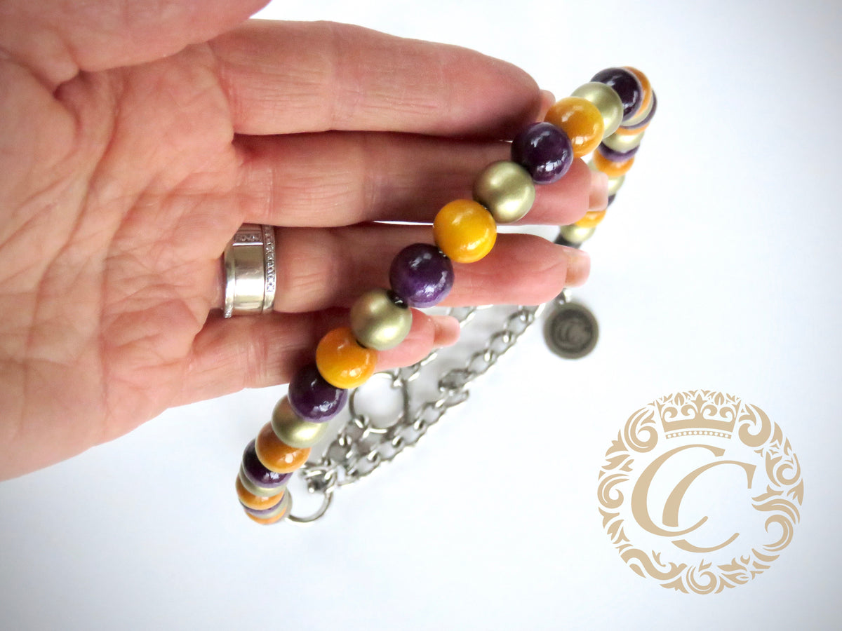 Handmade dog collar Crocus Mini | Beaded Dog Collars | Girly dog collar | CollarCrafts | dogcollar | collar | honden halsband | hondenhalsband | custom made dog collars | buckle dog collars | luxury dog collar | unbreakable dog necklace collar | buckle dog collars | wooden bead dog collars | alu max com dog collars | beaded collars for dogs | Gold Purple Yellow dog collars | collarcrafts