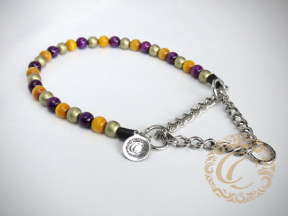 Handmade dog collar Crocus Mini | Beaded Dog Collars | Luxury dog collar | CollarCrafts | dogcollar | collar | honden halsband | hondenhalsband | custom made dog collars | buckle dog collars | luxury dog collar | unbreakable dog necklace collar | buckle dog collars | wooden bead dog collars | alu max com dog collars | beaded collars for dogs | Gold Purple Yellow dog collars | collarcrafts