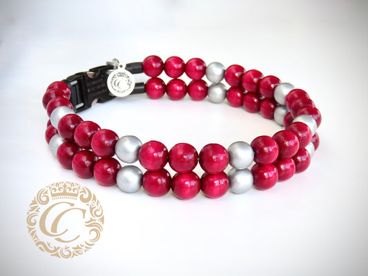 Dog collar Red Silver Maxi | Luxury Dog Collars | Silver Red dog Collars | CollarCrafts | dogcollar | collar | honden halsband | Buckle dog collar | bead dog collars | Wine red dog collar | Silver Red dog collar | beaded dog collars | Unbreakable dog necklace collars | alu max com dog collars | beaded collars for dogs | Valentine dog collars