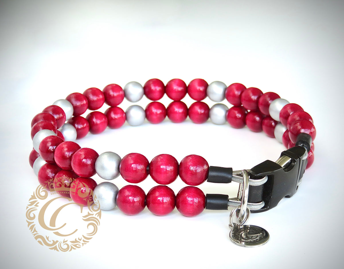 Dog collar Red Silver Maxi | Luxury Dog Collars | Silver Red dog Collars | CollarCrafts | dogcollar | collar | honden halsband | Buckle dog collar | bead dog collars | Wine red dog collar | Silver Red dog collar | beaded dog collars | Unbreakable dog necklace collars | alu max com dog collars | beaded collars for dogs | Valentine dog collars