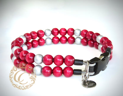 Dog collar Red Silver Maxi | Luxury Dog Collars | Silver Red dog Collars | CollarCrafts | dogcollar | collar | honden halsband | Buckle dog collar | bead dog collars | Wine red dog collar | Silver Red dog collar | beaded dog collars | Unbreakable dog necklace collars | alu max com dog collars | beaded collars for dogs | Valentine dog collars