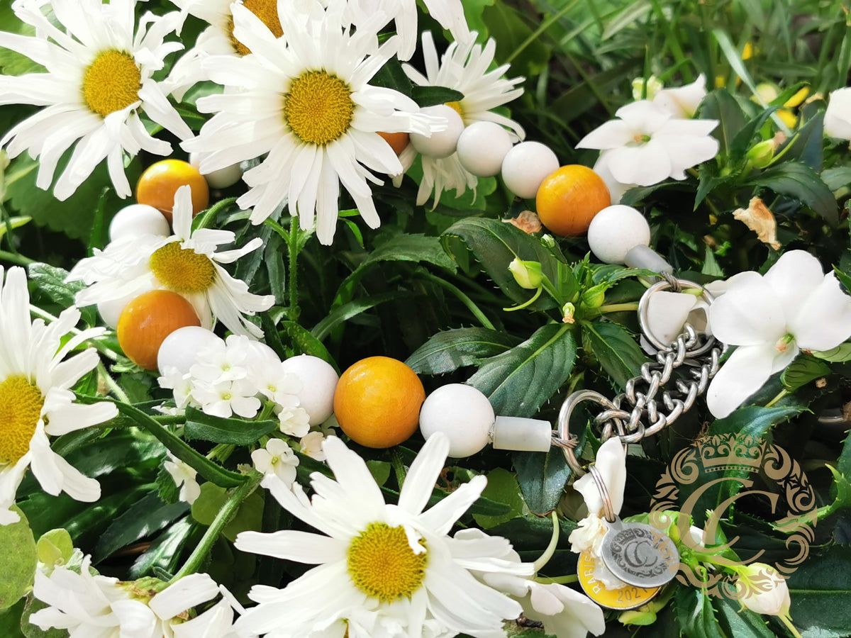 Dog collar Daisy Max | yellow white dog collar | daisy dog collar | hondenhalsband | large dog collar | bead dog collars | luxury dog collar | beaded dog collar | martingale dog collars | wooden bead dog collars | design dog collars | buckle collars | summer dog collars