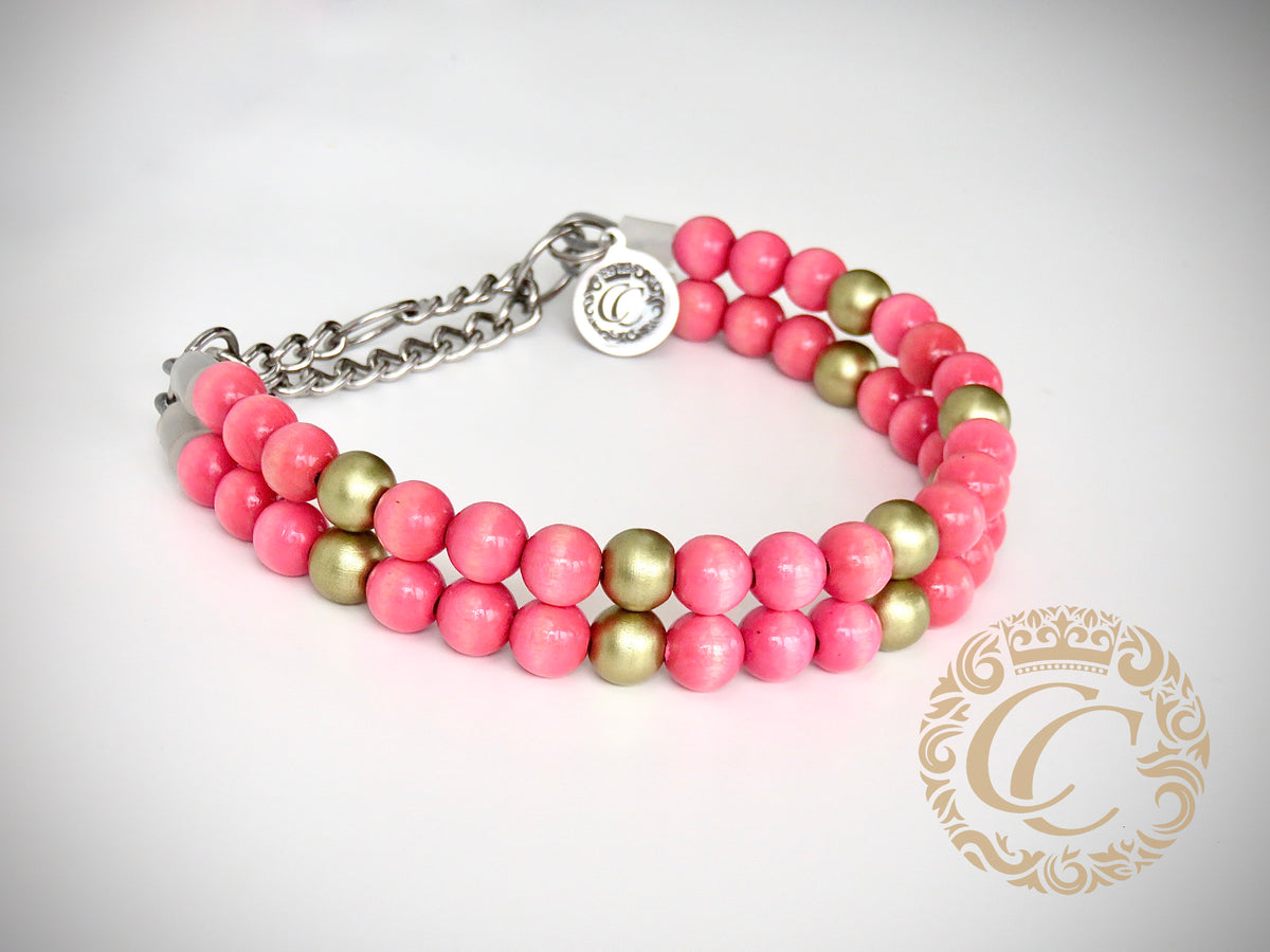 Dog collar Double Pink Gold | handmade dog collar | collarcrafts | dogcollar | halsband | beads dogcollar | collar | hondenhalsband | Unbreakable necklace for dogs | bead dog collars | Christmas collar | Buckle dog collar | Martingale dog collars | wooden bead dog collars | alumax dog collars | beaded collars for dogs | pink gold dog collars