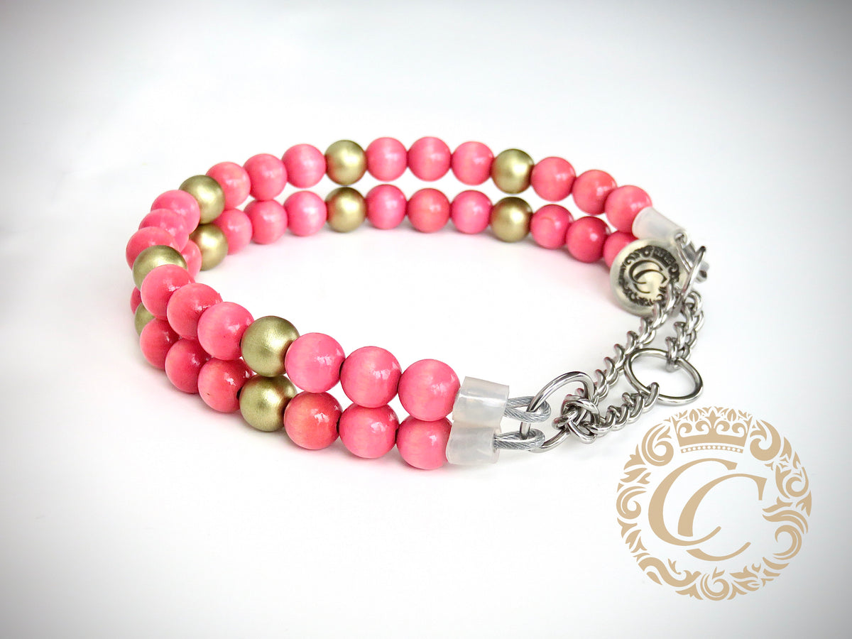 Dog collar Double Pink Gold | handmade dog collar | collarcrafts | dogcollar | halsband | beads dogcollar | collar | hondenhalsband | Unbreakable necklace for dogs | bead dog collars | Christmas collar | Buckle dog collar | Martingale dog collars | wooden bead dog collars | alumax dog collars | beaded collars for dogs | pink gold dog collars