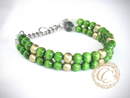 Dog collar Double Apple Gold | handmade dog collar | collarcrafts | dogcollar | halsband | beads dogcollar | collar | hondenhalsband | Unbreakable necklace for dogs | bead dog collars | Christmas collar | Buckle dog collar | Martingale dog collars | wooden bead dog collars | alumax dog collars | beaded collars for dogs | green gold dog collars
