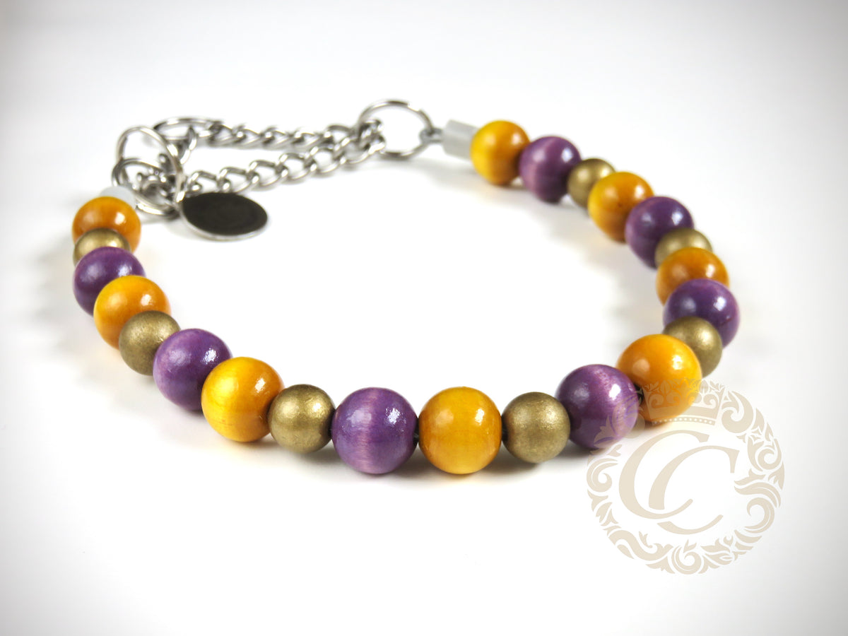 Handmade dog collar Purple Gold Mini | Dog Collars | handmade Collars | CollarCrafts | dogcollar | collar | honden halsband | hondenband | halsband leiband set | bead dog collars | durable wooden pearls collar | luxury dog collar | beaded dog collars | wooden bead dog collars | alu max com dog collars | beaded collars for dogs | purple yellow gold dog collars | collarcrafts