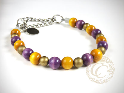 Handmade dog collar Purple Gold Mini | Dog Collars | handmade Collars | CollarCrafts | dogcollar | collar | honden halsband | hondenband | halsband leiband set | bead dog collars | durable wooden pearls collar | luxury dog collar | beaded dog collars | wooden bead dog collars | alu max com dog collars | beaded collars for dogs | purple yellow gold dog collars | collarcrafts