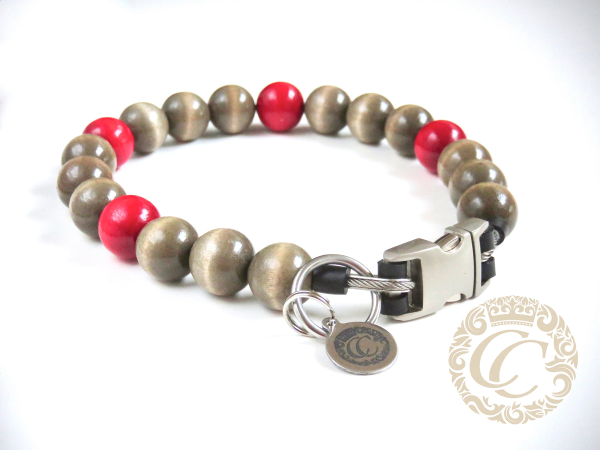 Dog collar Natural Gray Red | CollarCrafts | Custom made dog collar | collar | hondenhalsband | honden halsband | dog collar leash set | bead dog collars | luxury dog collars | beaded dog collar | martingale dog collars | wooden bead dog collars | alu max com dog collars | beaded collars for dogs | natural dog collars | collarcrafts