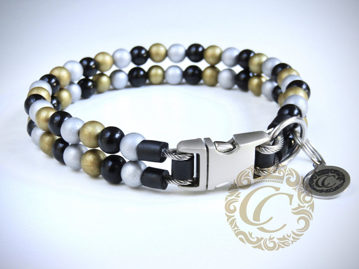 Dog collar Double Black Gold Silver | Handmade dog collars | Luxury dog collars | Custom made collars and leashes | Chic dog collars | Christmas dog collars | Beaded dog collars | Dog collars beads | Collars for dogs | Unbreakable dog necklace